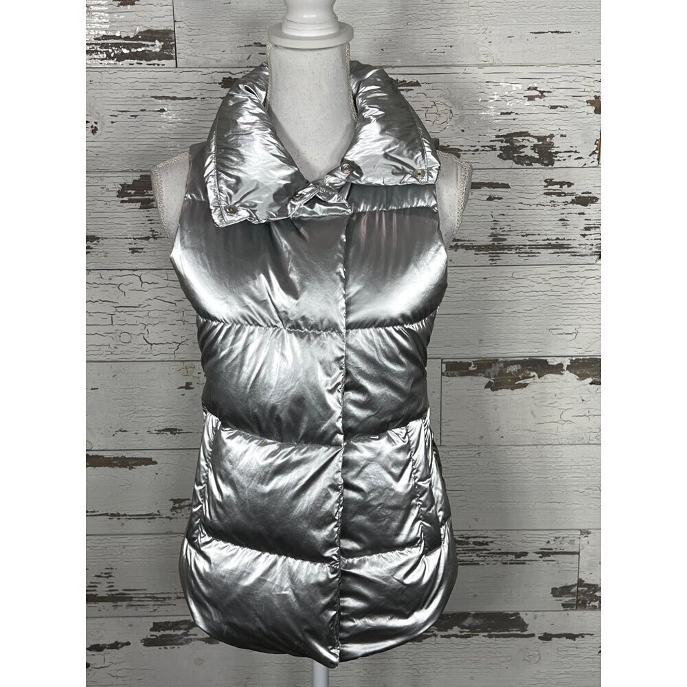 ATHLETA Downtown Metallic Puffer Vest Down Fill Silver Sz XXS #983667 NWOT